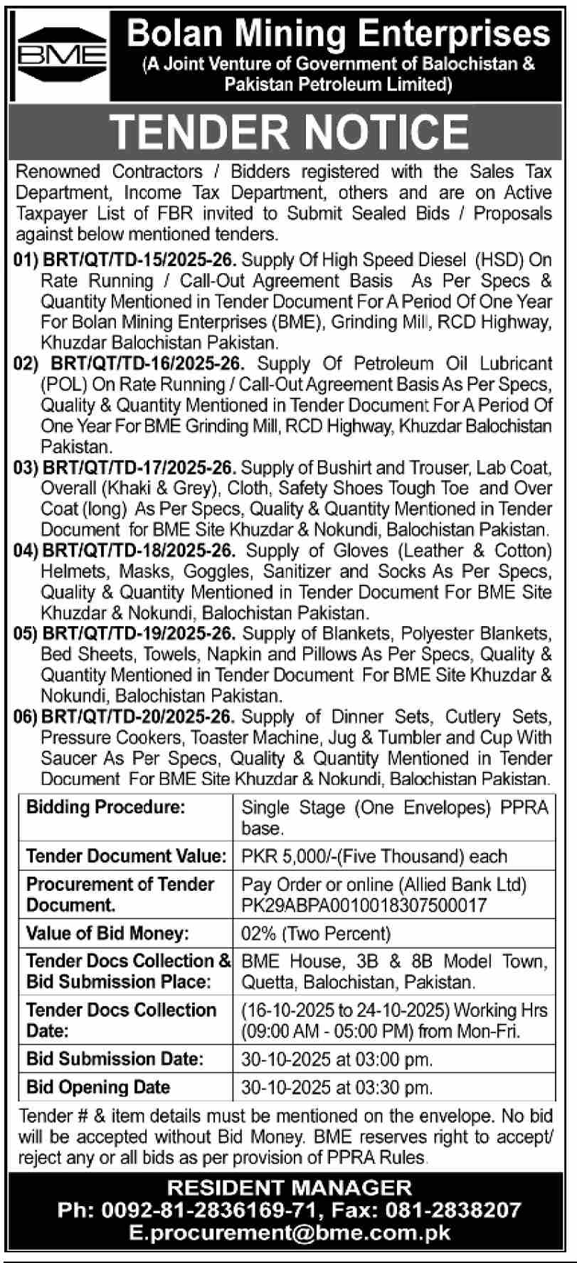 Bolan Mining Enterprises Tender Notice